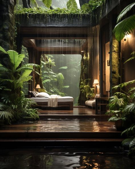 Aranya Rainforest Villa by Mohammad Hoss|Visualization Tropical House Layout, House Design Forest, Modern Nature House, Forest House Design, Forest House Interior, Rainforest House, Modern Forest House, Bali Architecture, Tropical Villa