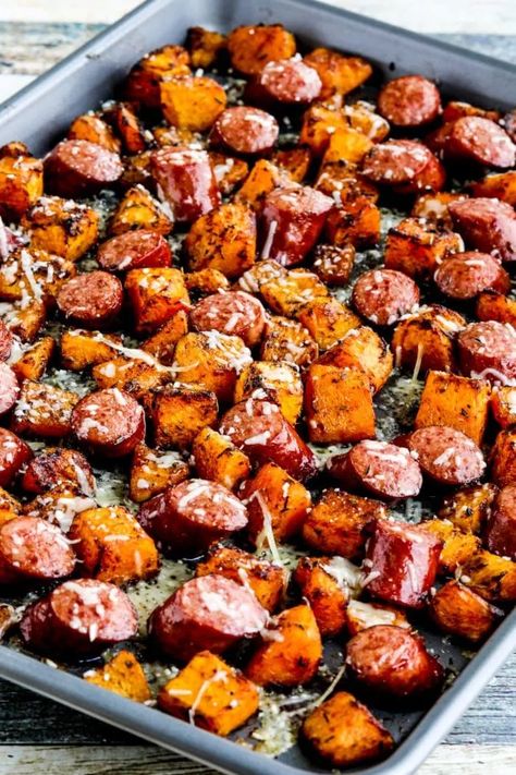 Roasted Butternut Squash and Sausage Sheet Pan Meal – Kalyn's Kitchen Butternut Squash Dinner, Butternut Squash And Sausage, Dinner Butternut Squash, Butternut Squash Recipes Roasted, Butternut Squash Sweet, Butternut Squash Cubes, Kielbasa Recipes, Chorizo Recipes, Butternut Squash Pasta