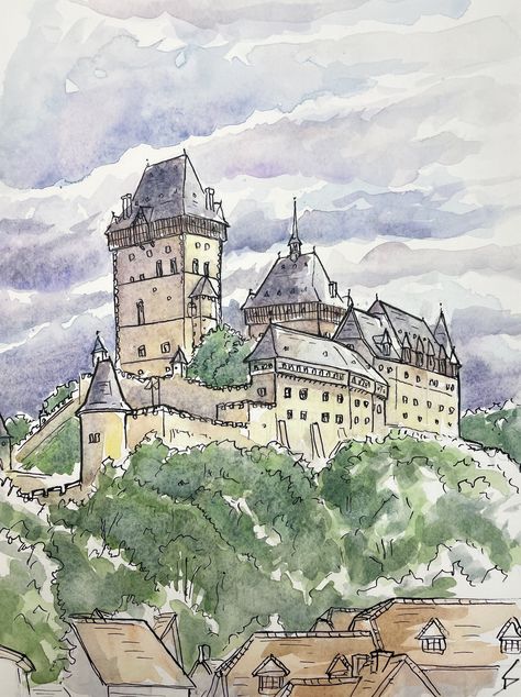 Watercolour Castle Painting, Watercolor Castle Painting, Castles Paintings, Castle Aesthetic Drawing, Building Watercolor Painting, Castle Drawing Easy, Castle Paintings, Karlstejn Castle, Castle Drawings