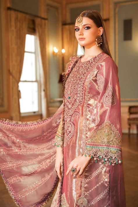 Maria B Embroidered Formal Winter Dresses Collection 2020-2021 Punjabi Suit Salwar, Latest Punjabi Suits, Salmon Pink Color, Suit Salwar, Raw Silk Fabric, Salwar Dress, Winter Formal Dresses, Dress Salwar Kameez, Hijab Styles