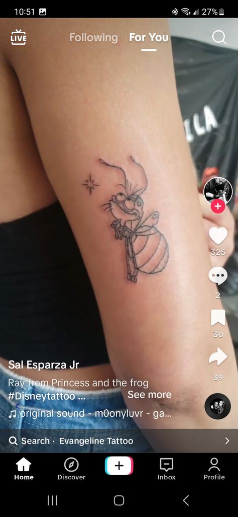 Disney Ocean Tattoos, Ray Firefly Tattoo, Raymond Tattoo Princess And The Frog, Tiana Crown Tattoo, Small Princess And The Frog Tattoos, Princess And The Frog Inspired Tattoo, Evangeline Princess And The Frog Tattoo, Princes And The Frog Tattoos, Evangeline Tattoo Princess And The Frog