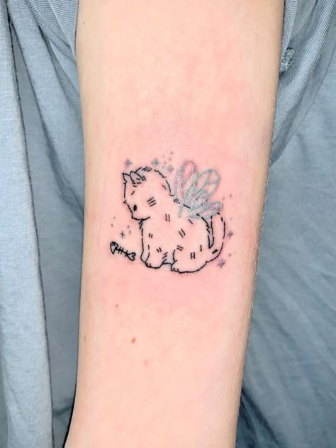 Two Kittens Tattoo, Fairy Cats Tattoo, Kitty With Wings Tattoo, Cute Cats Tattoo, Kitty Fairy Tattoo, Cat With Fish Tattoo, Angel Kitten Tattoo, Winged Cat Tattoo, Cat Passing Tattoo