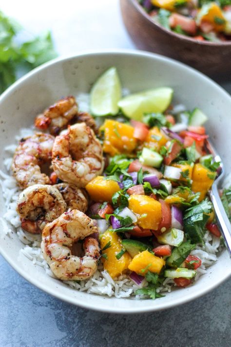 Orange Mango Shrimp Bowl | Sweet & Sorrel Shrimp Mango, Shrimp Bowl, Fresh Mango Salsa, Flavorful Shrimp, Cucumber Salsa, Summer Recipe, Peach Mango, Orange Recipes, Healthy Easy