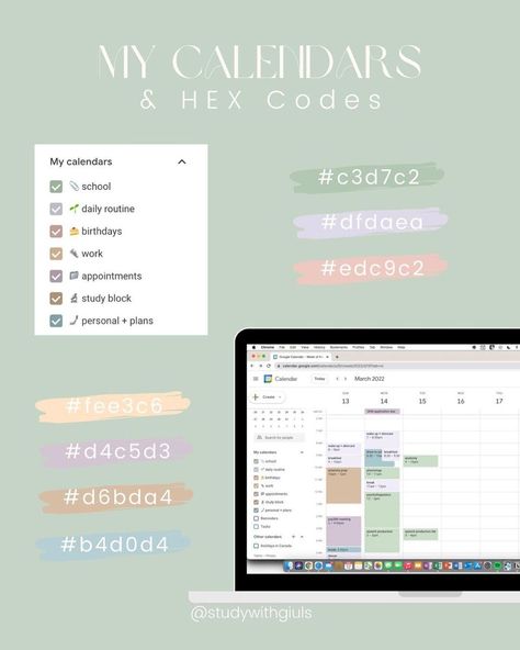 Free Notion Templates Google Calendar Aesthetic Hex Codes, Calendar Color Palette, Ical Calendar, Google Calendar Color Palette, Google Calendar Aesthetic, Aesthetic Hex Codes, Organized Things, Google Agenda, Tech Setup