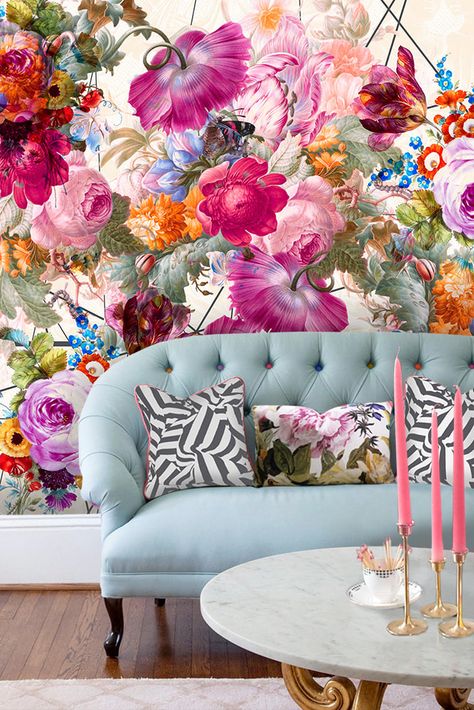 Interior Design Art, Wallpaper Living Room, Wallpaper Wall, Room Wallpaper, Print Wallpaper, Home Wallpaper, Floral Wall, Floral Wallpaper, Colorful Interiors