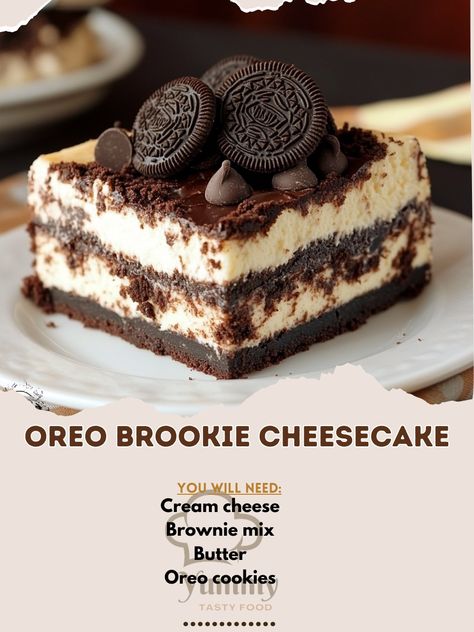 🍫 Indulge in the ultimate dessert experience with Oreo Brookie Cheesecake—a decadent fusion of your favorite treats! 🍪✨ #OreoLovers #CheesecakeHeaven Oreo Brookie Cheesecake Ingredients: Oreo cookies (24, crushed) Butter (1/4 cup, melted) Brownie mix (1 box, prepared according to package) Cream cheese (16 oz, softened) Sugar (1 cup) Eggs (2) Vanilla extract (1 tsp) Chocolate chips (1/2 cup) Instructions: Preheat oven to 350°F (175°C). Grease a 9-inch springform pan. Mix crushed Oreos with... Brookie Cheesecake, Oreo Brookie, Cheesecake Ingredients, Cream Cheese Brownies, Crushed Oreos, Springform Pan, Brownie Mix, Oreo Cookies, Chocolate Chips