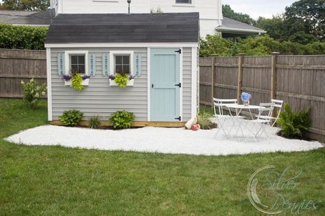 to do for our shed makeover= paint our shed, flower boxes on shed, pea gravel patio lined with grey bricks. plant roses with a trellis to climb up shed and lots of hydrangeas!! put a firepit and chairs on the patio. Diy Gravel Patio, She Shed Diy, Shed Diy, Shed Design Plans, Small Shed, Pea Gravel Patio, Shed Landscaping, Shed Makeover, Gravel Patio