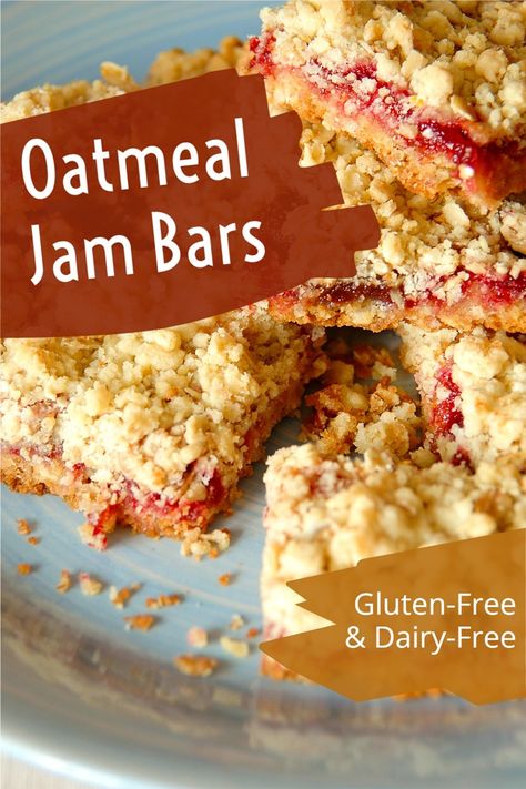 Gluten-Free Dairy-Free Oatmeal Jam Bars Recipe Jam Bars Recipe, Oatmeal Jam Bars, Gluten Free Oatmeal Bars, Jam Bars, Best Gluten Free Desserts, Gluten Free Oatmeal, Double Chocolate Chip Cookies, Gluten Free Desserts Recipes, Oatmeal Bars