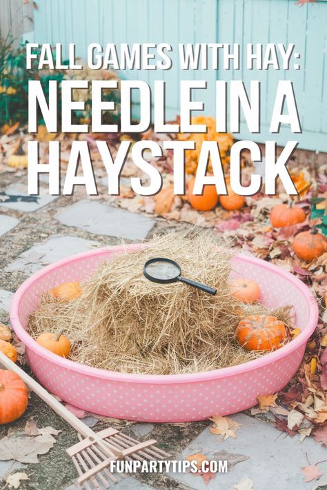 Spice up your fall festival or Halloween party with this needle in a haystack game! Easy to set up, tons of fun to play. DIY autumn entertainment that'll have everyone diving into fall - literally! Thanksgiving Games Outdoor, Harvest Games, Fall Party Games, Fall Festival Games, Needle In A Haystack, Stack Game, Festival Games, Fall Games, Party Tips