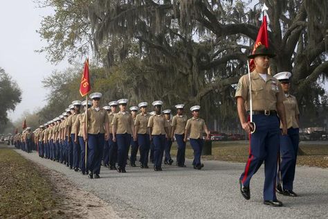 Marines with India Company, 3rd Recruit Training Battalion, graduated from recruit training at Marine Corps Recruit Depot Parris Island, S.C., on March 29. India Company is the first combined company of male and female recruits to graduate from recruit training. (U.S. Marine Corps photo by Cpl. Vivien Alstad) Camp Schedule, Marine Graduation, Marine Corps Bootcamp, Marines Boot Camp, Marine Family, Boot Camp Graduation, Parris Island, Navy Girlfriend, Military Girlfriend