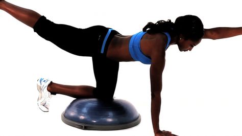 Add a lighter dumbbell or soft, weighted ball to intensify the exercise. Bosu Exercises, Bosu Workout, Weight Ball, Personalized Workout Plan, Bosu Ball, Personal Fitness Trainer, Fitness Healthy Lifestyle, Heath And Fitness, Eating Tips