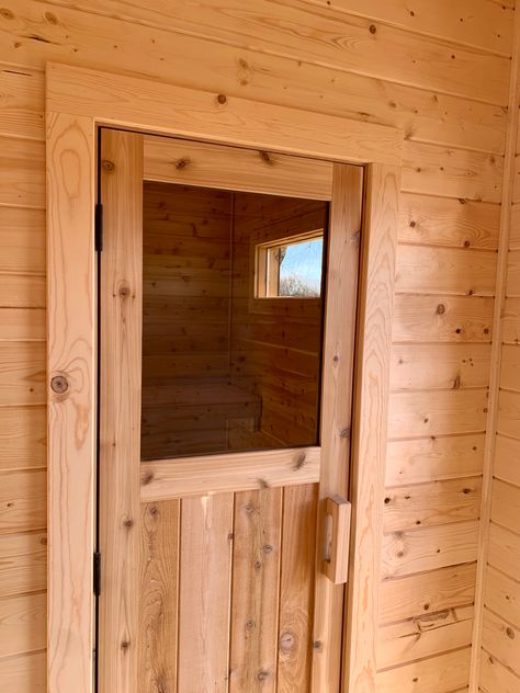 Custom sauna door Sauna Interior Ideas, Sauna Door Ideas, Sauna Door, Diy Sauna Door, Wood Burning Sauna Diy, Diy Cedar Sauna, Building A Sauna Wood Burning, 5x7 Sauna, Wood Sauna