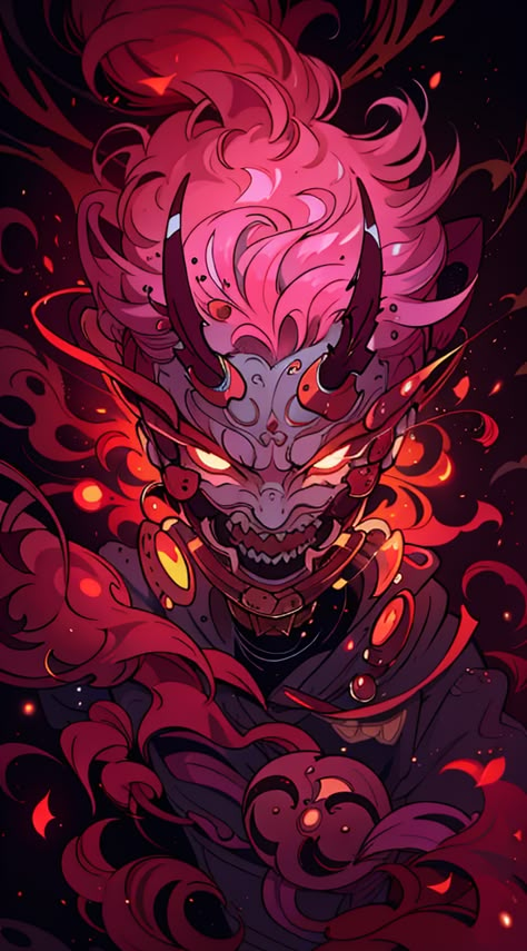 Oni Aesthetic Red, Oni Mask Wallpaper, Japanese Oni Art, Japanese Mask Art, Oni Mask Art, Enemy Concept Art, Neon Samurai, Deafening Silence, Oni Art