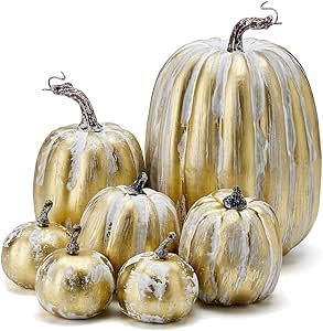 Gold And White Decor, Pumpkin Carving Art, Fall Harvest Decorations, Halloween Fireplace, Gold Pumpkin, Fake Pumpkins, Pumpkin Wedding, Artificial Pumpkins, Foam Pumpkins