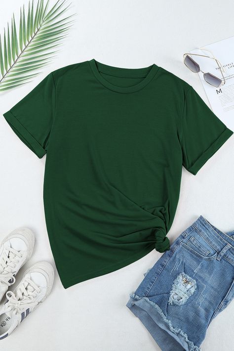 $4.1 Green Casual Plain Crew Neck Tee Wholesale Casual Basics, Mama T Shirt, Clothing Photography, Plain Tees, Hangzhou, Swimwear Cover Ups, Formal Outfit, Swimwear Cover, Types Of Dresses