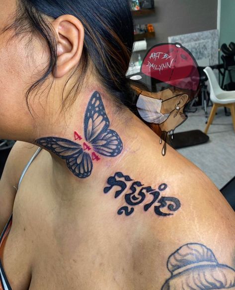 Elephant Tattoos Behind Ear, Medium Neck Tattoos, Word Neck Tattoos Women, Big Neck Tattoos Women, Ky Tattoos, Feminine Neck Tattoos, Female Neck Tattoo Ideas, Front Neck Tattoo, Butterfly Neck Tattoo