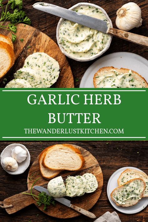 This Garlic Herb Butter can be whipped up in a matter of minutes and is creamy and full of flavor. It can regular butter or turned into a sauce and it tastes delicious on everything! Homemade Herb Butter, Herb Butter For Bread, Irish Butter Recipe, Garlic Herb Butter Recipe, Holiday Dinner Party Menu, Herb Compound Butter, Garlic And Herb Butter, Herb Butter Recipe, Holiday Dinner Recipes