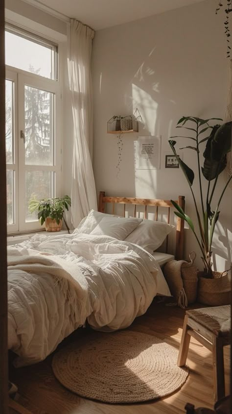 Lived In Bedroom Aesthetic, Daybed Room Ideas Small Bedrooms, Aesthetic Small Bedroom Ideas Cozy, Minimalistic Aesthetic Bedroom, Minimalist Earthy Bedroom Ideas, Tiny Apartment Bedroom Ideas, Single Bed Bedroom Ideas, Cute Apartment Ideas For Couples, Nyc Apartment Bedroom