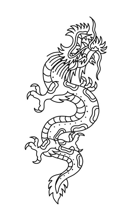 American Traditional Dragon Tattoo Flash, Dragon Tattoo Line, Traditional Dragon Tattoo Flash, American Traditional Stencil, Tattoo Sleeve Stencil, American Traditional Dragon Tattoo, American Traditional Dragon, Traditional Dragon Tattoo, Dragon Line Art