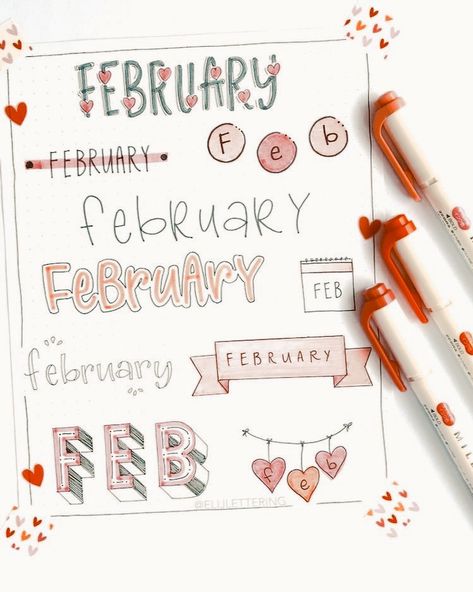 February Month Notes Month Lettering, February Lettering, Months Calligraphy, Month Fonts, Month Title Page, Months Lettering, February White Board Calendar Ideas, February Bujo, February Caligraphy Calligraphy