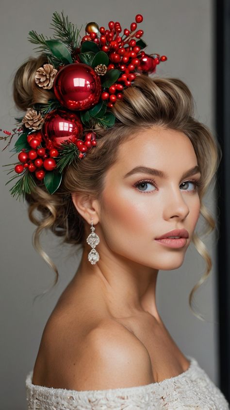 Embrace Your Look with Christmas Eve Dinner Holiday updo with ornaments 🦋 Christmas Dinner Hairstyles, Festival Updo Hairstyles, Christmas Hairdos, Christmas Updos, Christmas Eve Dinners, Christmas Wedding Hair, Christmas Updo, Xmas Hair Accessories, Dinner Hairstyles