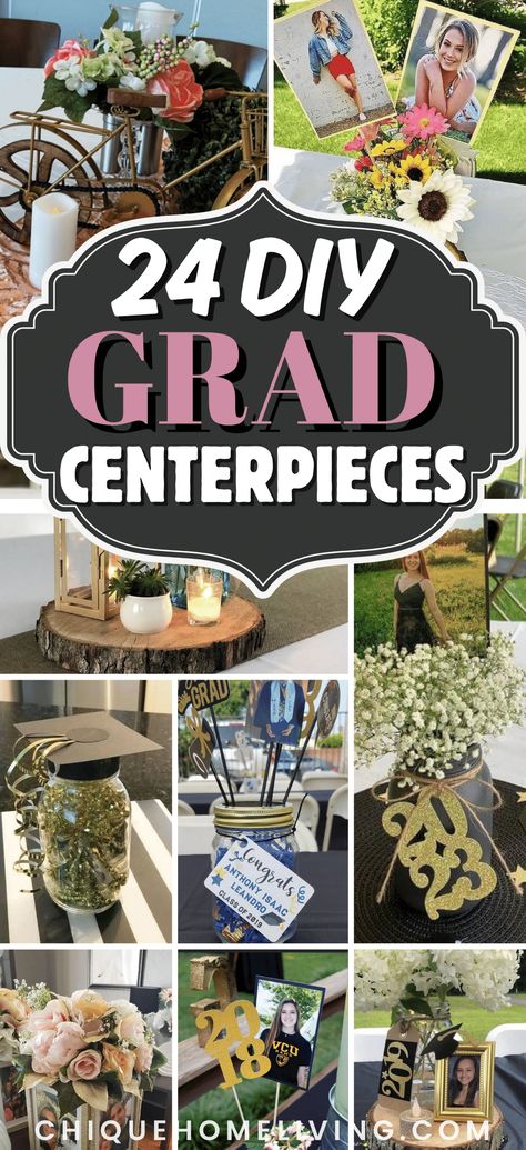 Searching for the perfect centerpiece to make your graduate's party shine? Explore these 24 DIY graduation party table centerpieces to copy, where creativity takes center stage in every arrangement. From personalized touches to budget-friendly crafts, these ideas promise to add flair and festivity to your celebration. Diy Grad Party Centerpieces Table Decorations, Simple Centerpieces Graduation, Grad Table Centerpieces, Senior Table Centerpieces, Grad Centerpiece Ideas Easy Diy, Boys Graduation Centerpiece Ideas, Simple Grad Party Centerpieces, Cheap Graduation Centerpieces, Table Decorations Graduation Party