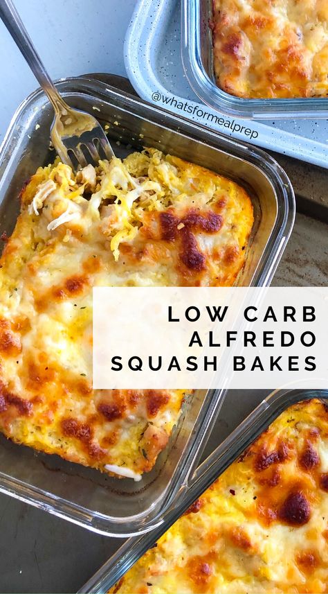 Spaghetti Squash Meal Prep, Squash Meal Prep, Chicken Alfredo Spaghetti Squash, Bake Spaghetti Squash, Chicken Alfredo Spaghetti, Low Calorie Spaghetti, Low Carb Chicken Alfredo, Alfredo Spaghetti Squash, Spaghetti Squash Recipes Chicken