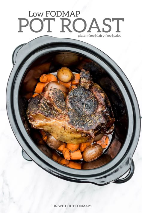 This low FODMAP Slow Cooker Pot Roast recipe is a classic comfort food made crockpot-friendly. Just 8 ingredients and 10 minutes to prep! | funwithoutfodmaps.com | #lowfodmap #paleo #dairyfree #glutenfree #beef #slowcooker Fodmap Slow Cooker, Fodmap Lunch, Slow Cooker Pot Roast Recipes, Fodmap Recipes Dinner, Low Fodmap Recipes Dinner, Slow Cooker Pot Roast, Low Fodmap Diet Recipes, Pot Roast Recipe, Fodmap Diet Recipes