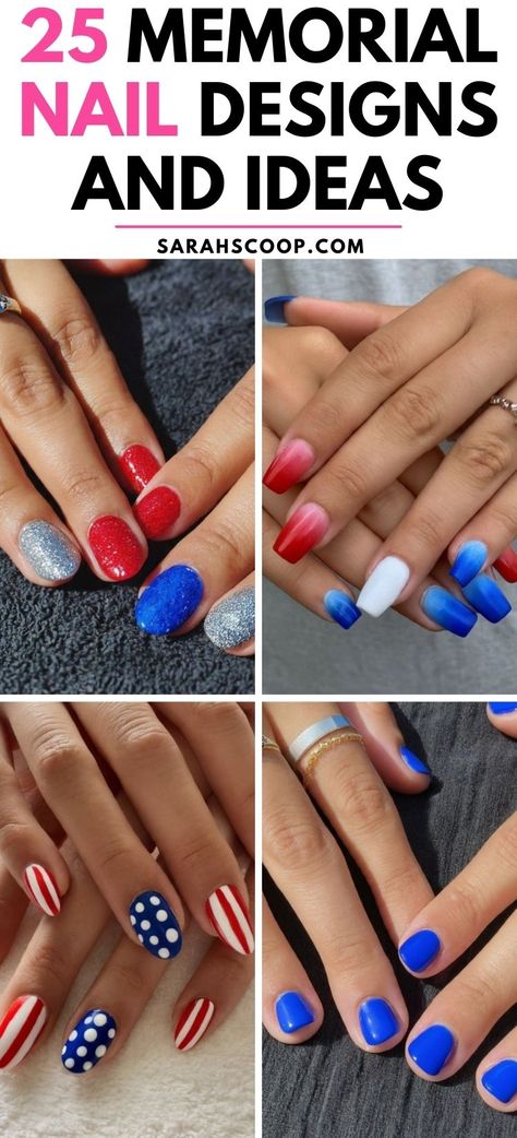 Celebrate Memorial Day with style! Check out these 25 fantastic nail designs and patriotic ideas that will perfectly complement your red, white, and blue outfit❤️🤍💙 #MemorialDay #NailArt #PatrioticNails Diy Red White And Blue Nails, Red White Blue Ombre Nails, Blue And Red Nail Ideas, Red And Blue Ombre Nails, Labor Day Nail Ideas, Red White And Blue Nail Designs, Patriotic Dip Nails, Patriotic Nail Designs Red White Blue, Red White And Blue Ombre Nails