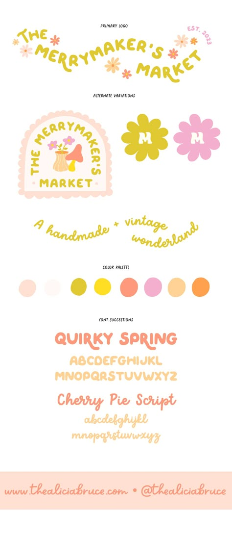 Maker and vintage market brand identity, logo + color palette. Retro inspired, colorful, and whimsical. Illustrated by Alicia Bruce. Vintage Branding Color Palette, Stationary Brand Logo, Coquette Logo Design, Branding Color Pallets, Vintage Store Branding, Market Logo Ideas, Cookie Color Palette, Cute Brand Logo, Retro Brand Identity