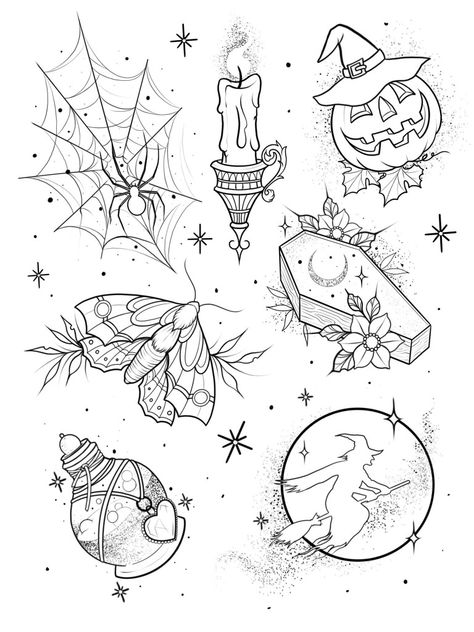 Mystical Flash Tattoo, Spooky Tattoos Flash, Halloween Tattoo Sketch, Black And White Line Tattoo, How To Draw Witchy Things, Spooky Halloween Tattoos, October Flash Tattoo, Halloween Flash Tattoo Sheet, Pretty Nature Tattoos