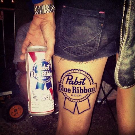 PBR tattoo Pbr Tattoo, Blue Ribbon Tattoo, Beer Tattoo, Pbr Beer, Beer Tattoos, Pabst Blue Ribbon Beer, Ribbon Tattoos, American Beer, Pabst Blue Ribbon