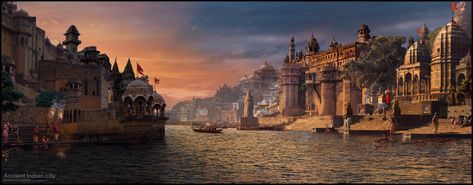 ArtStation - Ancient indian city, (DEVA) Devashish pradhan Ancient Indian City, Indian City, Indian Temple Architecture, Ancient Indian Architecture, Castle Aesthetic, Castles Interior, Temple Architecture, Dream Vacations Destinations, City Painting