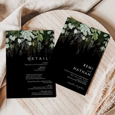 Greenery And Gold Leaf Black All In One Invitation #zazzle #weddinginvitations #birthdayinvitations #babyshowerinvitations #zazzleinvitations #monogram #businesscards #graduation #homedecor Forest Green Wedding, Dark Green Wedding, Forest Theme Wedding, Green Themed Wedding, Emerald Green Weddings, Rustic Save The Dates, Eucalyptus Leaf, Sage Wedding, Sage Green Wedding