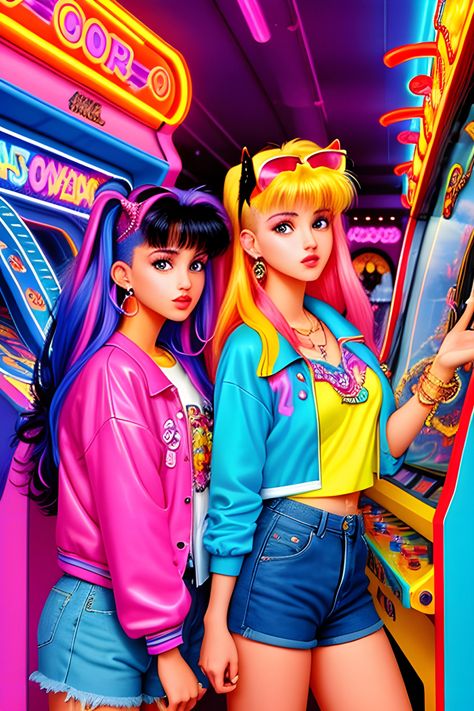 90s aesthetic colorful neon fantasy art of two women best friends in a retro nostalgic arcade Retro Arcade Aesthetic Outfit, Arcade Outfit Ideas Aesthetic, Video Game Inspired Outfits, Arcade Dti Outfits, Arcade Aesthetic Outfit, Arcade Outfit Ideas, Arcade Outfit, Arcade Fashion, Neon Video