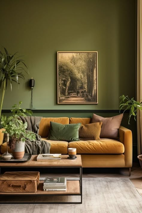 Dark Green Sofa Living Room Ideas Modern, Terra Cotta Color Palette Living Room, Gold Velvet Couch Living Room Ideas, Green Couch With Accent Chair, Olive Green Wall Living Room, Army Green Living Room, White And Dark Wood Living Room, Green Terracotta Living Room, Plants In Living Room Ideas