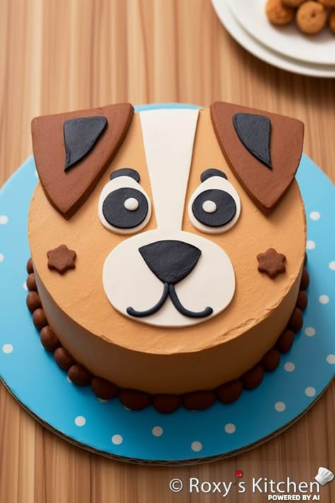 Easy Dog Cake Design, 1st Birthday Cake Dog Theme, Cakes That Look Like Dogs, Puppy Cake Birthday, Dog Inspired Cake, Dog Face Cake Design, Pet Themed Birthday Cake, Two Let The Dogs Out Party Cake, Birthday Cake With Dog Design