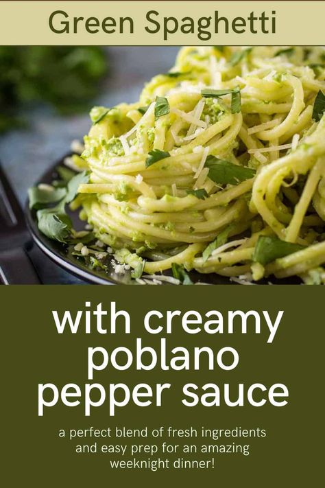 Make this Green Spaghetti for a fun and flavorful twist on the classic pasta dish! It features a creamy poblano pepper sauce with a gorgeous green hue and the perfect amount of kick. This easy-to-make pasta dinner is an ideal blend of fresh ingredients and easy prep. You’ll love this dish as your next weeknight dinner! Green Chili Spaghetti Squash, Green Poblano Spaghetti, Spicy Green Spaghetti Recipe Mexican, Poblano Canning Recipes, Chili Poblano Recipes, Poblano Pepper Pasta, Canned Poblano Pepper Recipes, Poblano Sauce Recipe, Green Chili Pepper Recipes