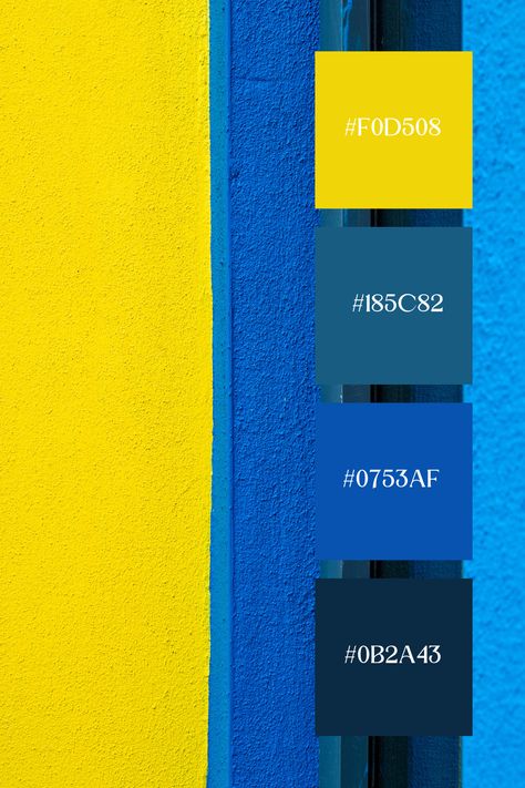 This vibrant blue and yellow color palette is bold and energetic. The combination of deep blues and bright yellows creates a striking contrast, evoking feelings of joy and vitality. The palette's clear, vivid hues are reminiscent of sunny skies and festive celebrations, making it perfect for dynamic and lively designs. Yellow And Teal Color Palette, Blue Yellow Green Color Palette, Bright Blue Color Palette, Yellow Blue Color Palette, Blue And Yellow Colour Palette, Blue Yellow Color Scheme, Blue Yellow Color Palette, Yellow And Blue Color Palette, Contrast Colour Combination