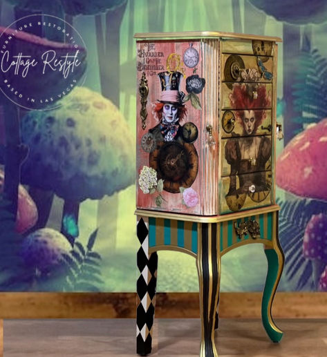 Embark on an enchanting adventure with this Alice-themed jewelry armoire with spacious compartments to store all your treasures. https://www.etsy.com/listing/1616640076/alice-in-wonderland-jewelry-armoire? Wonderland Furniture, Alice In Wonderland Jewelry, Wonderland Jewelry, Alice In Wonderland Aesthetic, Jewelry Box Makeover, Whimsical Furniture, Painted Jewelry Boxes, Small Chest Of Drawers, Decoupage Furniture