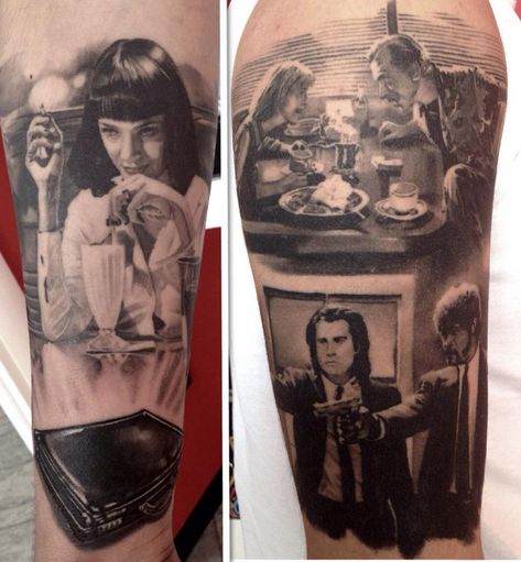 Pulp Fiction Tattoos by Matteo Pasqualin with Uma Thurman, Amanda Plummer, Tim Roth, John Travolta and Samuel L. Jackson Fiction Tattoo, Pulp Fiction Tattoo, Chicanas Tattoo, Movie Tattoo, Movie Tattoos, Theme Tattoo, Latest Tattoos, Detailed Tattoo, Inked Magazine