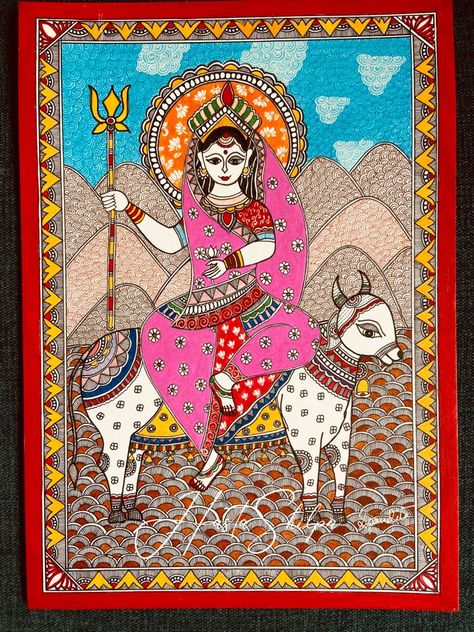 Shailaputri represents Parvati in her stage of childhood. Shail defines mountain and she is the daughter of the Mountain King, Lord Himavan and Queen Menavati. Navdurga Madhubani Painting, Nav Durga Madhubani Painting, Shailaputri Devi Painting, Navdurga Maa, Madhubani Embroidery, Nav Durga, Mithila Art, Mithila Painting, Spiritual Paintings