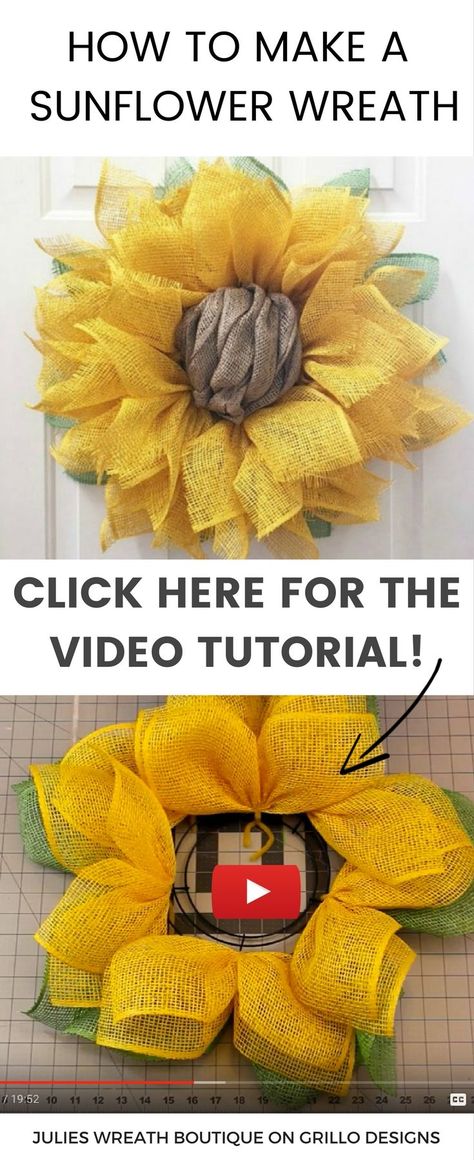 Learn how to make a sunflower wreath using poly burlap. Watch this in depth video tutorial on how to make a sunflower burlap wreath. Clothespin Wreaths, Sunflower Wreath Diy, Sunflower Burlap Wreaths, Clothespin Wreath, Clothes Pin Wreath, Handmade Things, Burlap Crafts, Sunflower Wreath, Wreath Diy