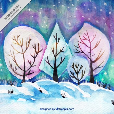 Aurora Borealis Art, Twilight Scenes, Seasons Posters, Northern Lights (aurora Borealis), Snow Forest, Snow Art, Winter Watercolor, Snowy Trees, Watercolor Tree