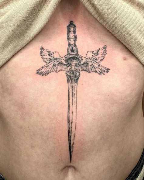 Swords With Wings Tattoo, Winged Serpent Tattoo, Knife With Wings Tattoo, Dagger With Wings Tattoo, Bat Dagger Tattoo, Swords Sternum Tattoo, Chest Dagger Tattoo, Angel Blade Tattoo, Dagger Tattoo Men