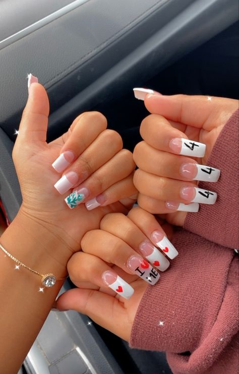 Angel number nails with I LOVE ME design on acrylic nails french manicure quirky nails Angel Number Nail Design, Angel Number Acrylic Nails, Numbers On Nails, Nails With Numbers, 444 Nails, Working Nails, Y2k French Tip Nails, Angel Number Nails, Number Nails