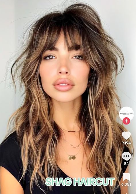 Long Hair And Bangs Round Face, Long Choppy Bangs, Long Shag Cut With Bangs Round Face, Light Shag Haircut, Long Shag Hairstyles With Bangs, Wispy Bangs Round Face, Brown Hair With Caramel, Curly To Straight Hair, Shag Haircut Ideas