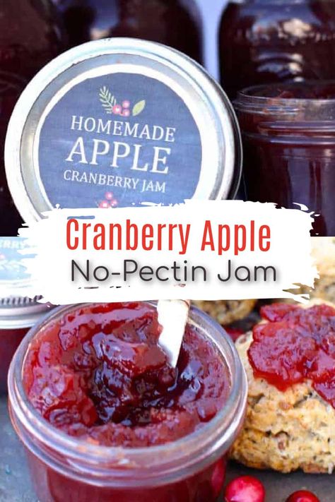 This Cranberry Apple Jam is one of my favorite Winter treats thanks to warming spices and sweet tart flavors. #canning #jam #cranberry #apple Cranberry Apple Jam Recipe, Cranberry Apple Jam, Caramel Apple Jam Canning, Christmas Jam Crockpot, Cranberry App, Cranberry Apple Jam With Pectin, Winter Jams And Jellies, Apple Cranberry Chutney Recipe, Spiced Christmas Jam No Pectin