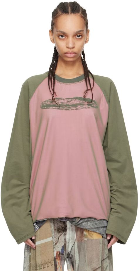 SSENSE Exclusive Khaki & Pink Reversible Long Sleeve T-Shirt by Serapis on Sale Crewneck Graphic, Mesh Overlay, Knit Crewneck, Jersey T Shirt, Luxury Streetwear, Lettuce, Raglan Sleeve, Long Sleeve T Shirt, Rib Knit