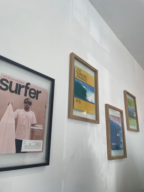 Vintage Surfer Room, Framed Magazine, Beach Apartment Decor, Room Inspo Decor, Surf Room Decor, Surfer Aesthetic, House On The Beach, College Home, Surf Room